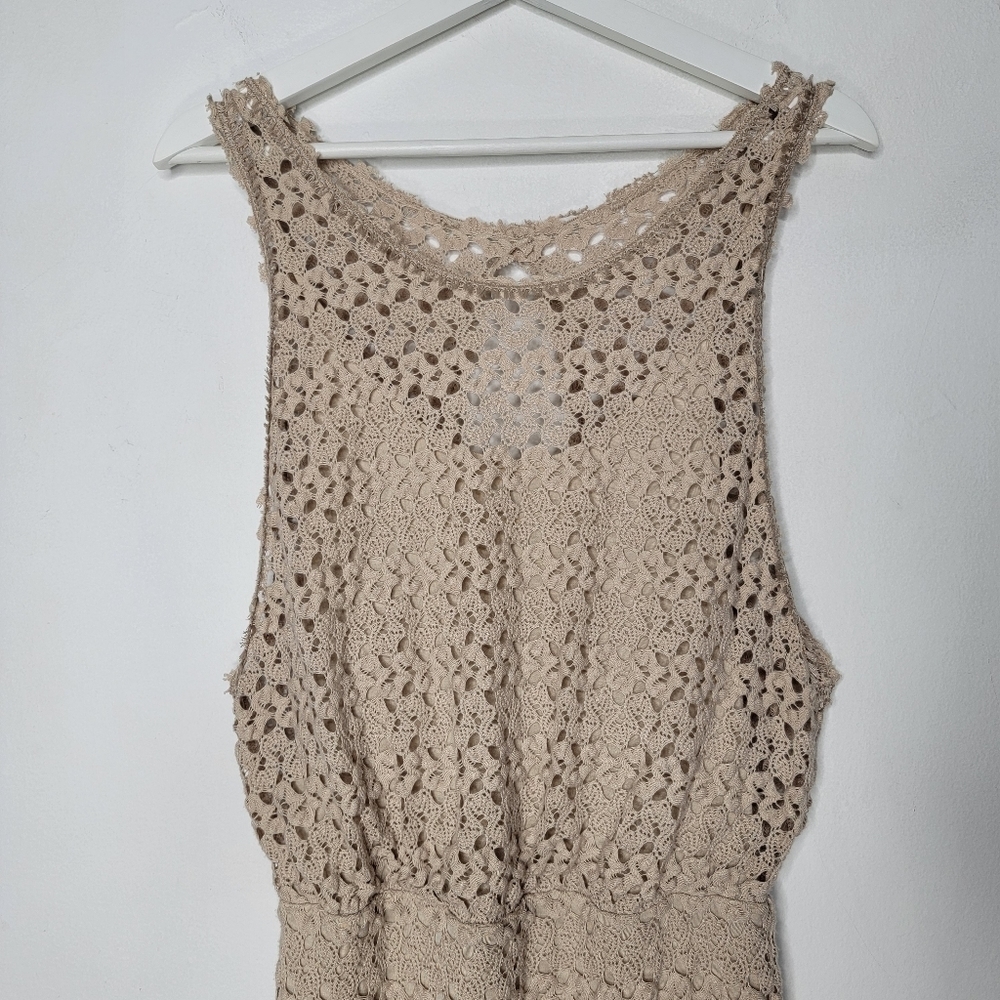 FREE PEOPLE Nude Mini Dress Lily Crochet Blouson Lace Overlay Cutout Women Small - Picture 3 of 14